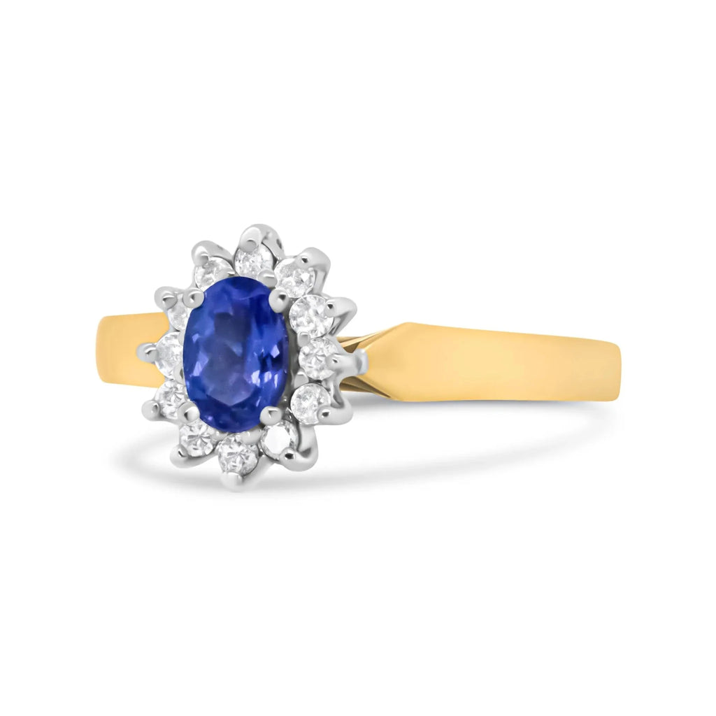 14K Yellow Gold 1/5 Cttw Round Diamond and 6x4mm Oval Blue Tanzanite Halo Ring (H - I Color, I1 - I2 Clarity) - Nobiliving