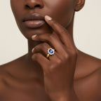 14K Yellow Gold 1/5 Cttw Round Diamond and 6x4mm Oval Blue Tanzanite Halo Ring (H - I Color, I1 - I2 Clarity) - Nobiliving