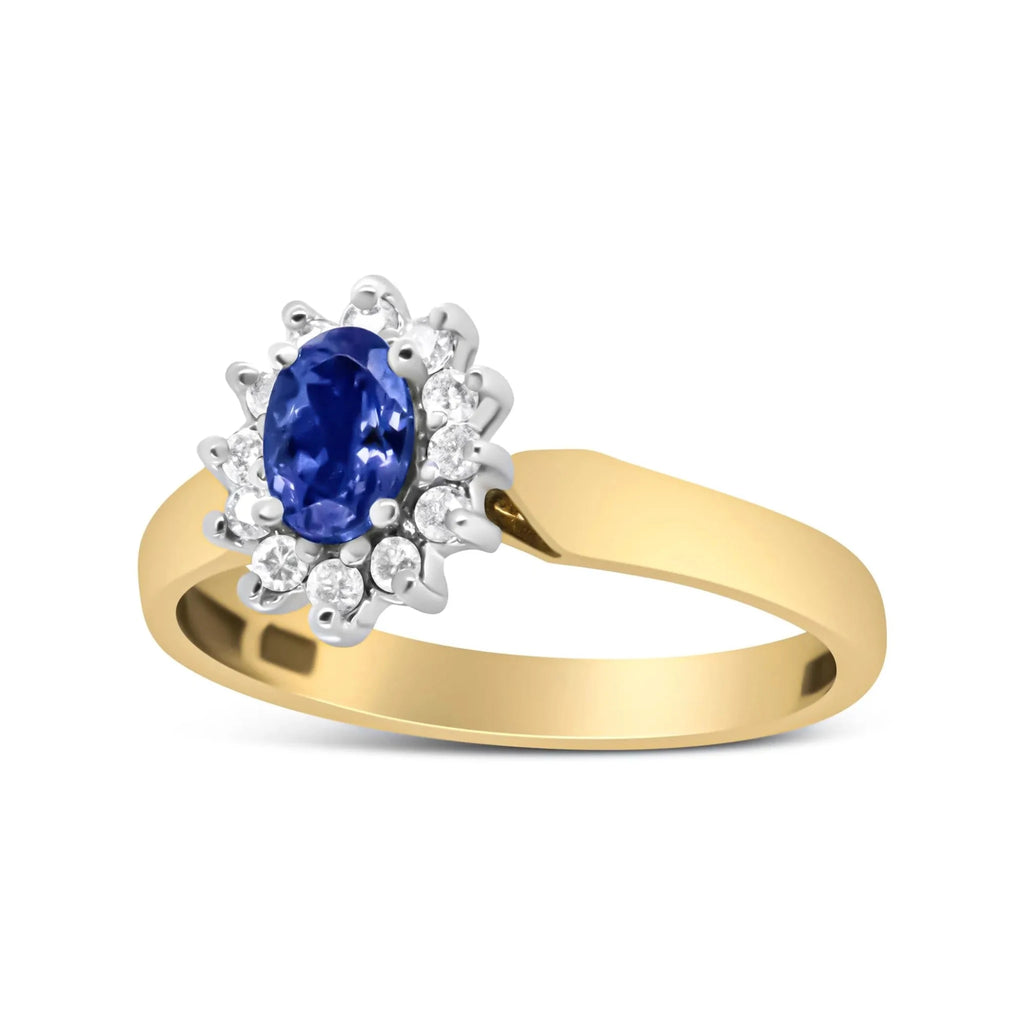 14K Yellow Gold 1/5 Cttw Round Diamond and 6x4mm Oval Blue Tanzanite Halo Ring (H - I Color, I1 - I2 Clarity) - Nobiliving