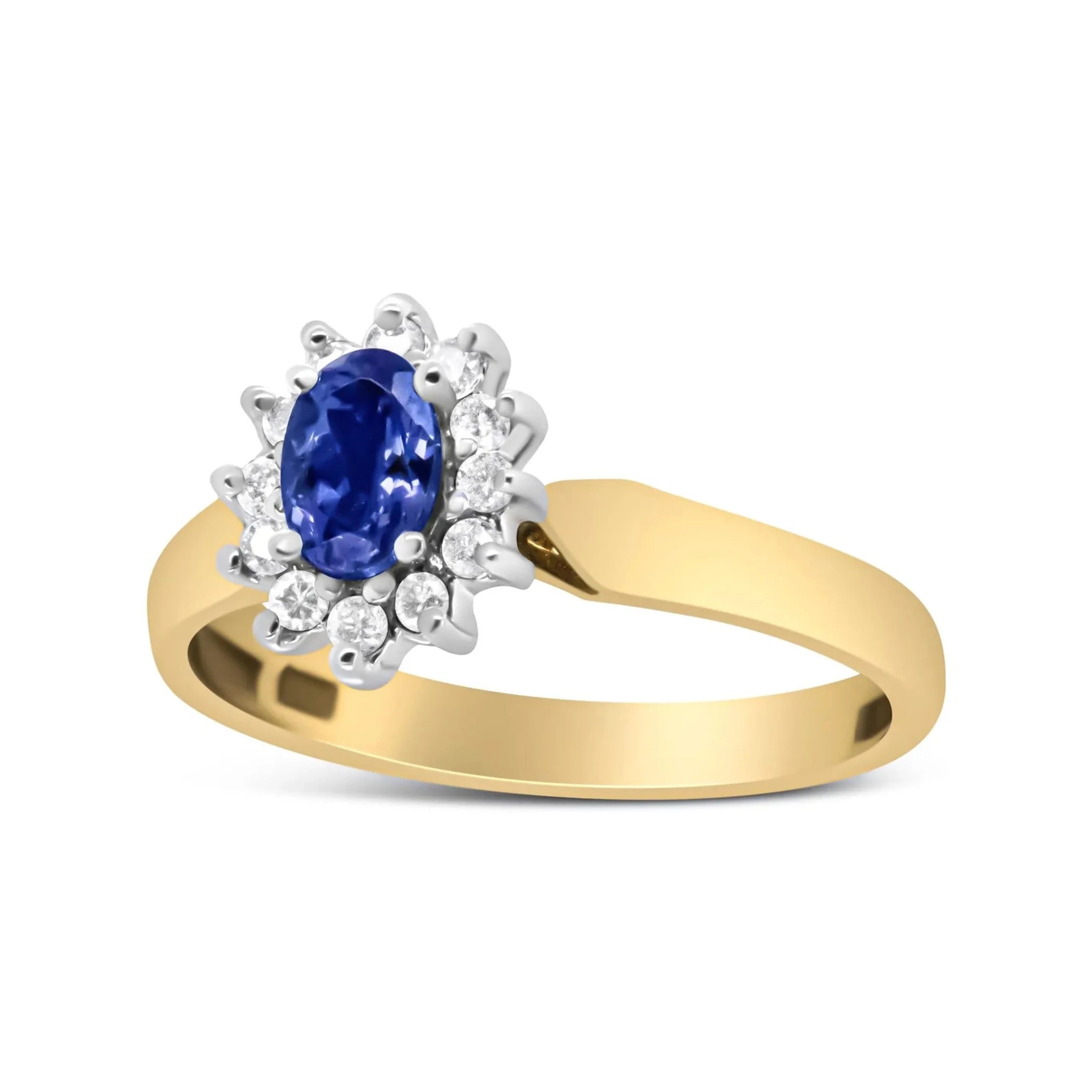 14K Yellow Gold 1/5 Cttw Round Diamond and 6x4mm Oval Blue Tanzanite Halo Ring (H - I Color, I1 - I2 Clarity) - Nobiliving
