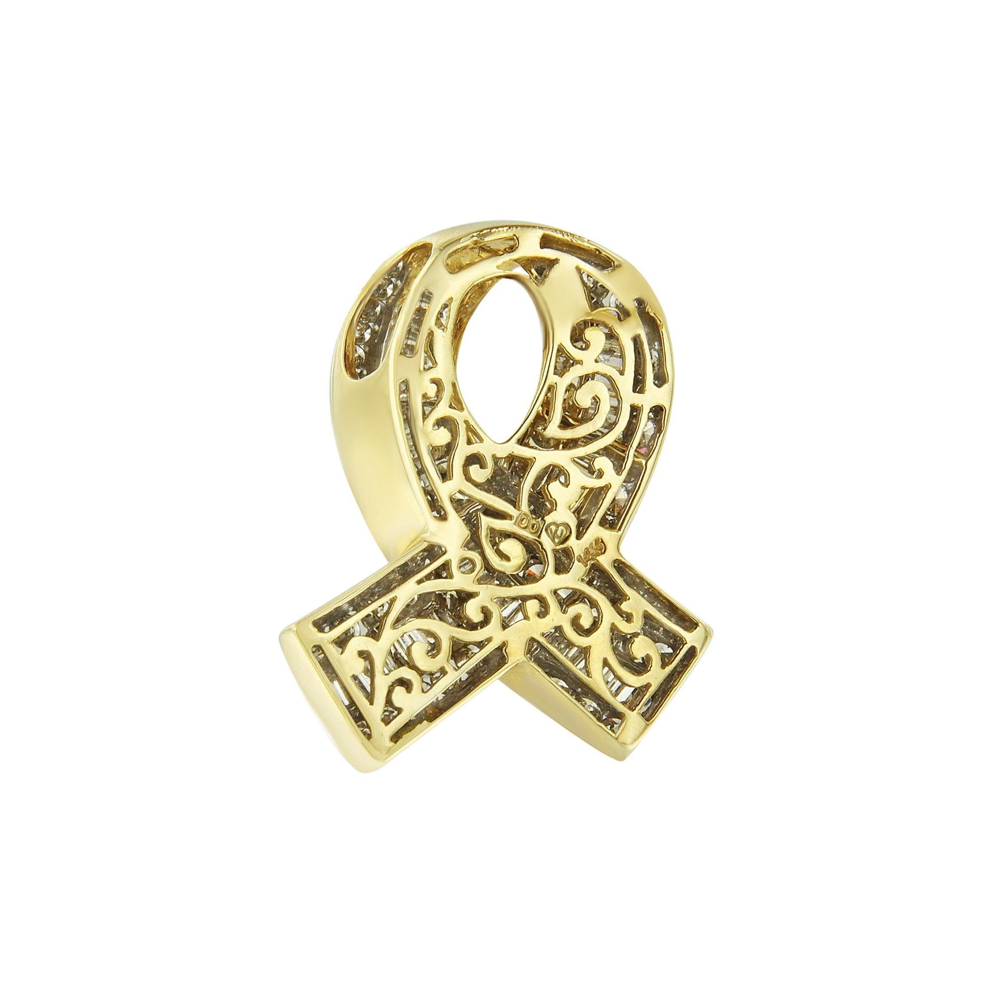 14K Yellow Gold 2 5/8 cttw Channel Set White Diamond Awareness Ribbon Pendant Necklace - NO CHAIN - Nobiliving