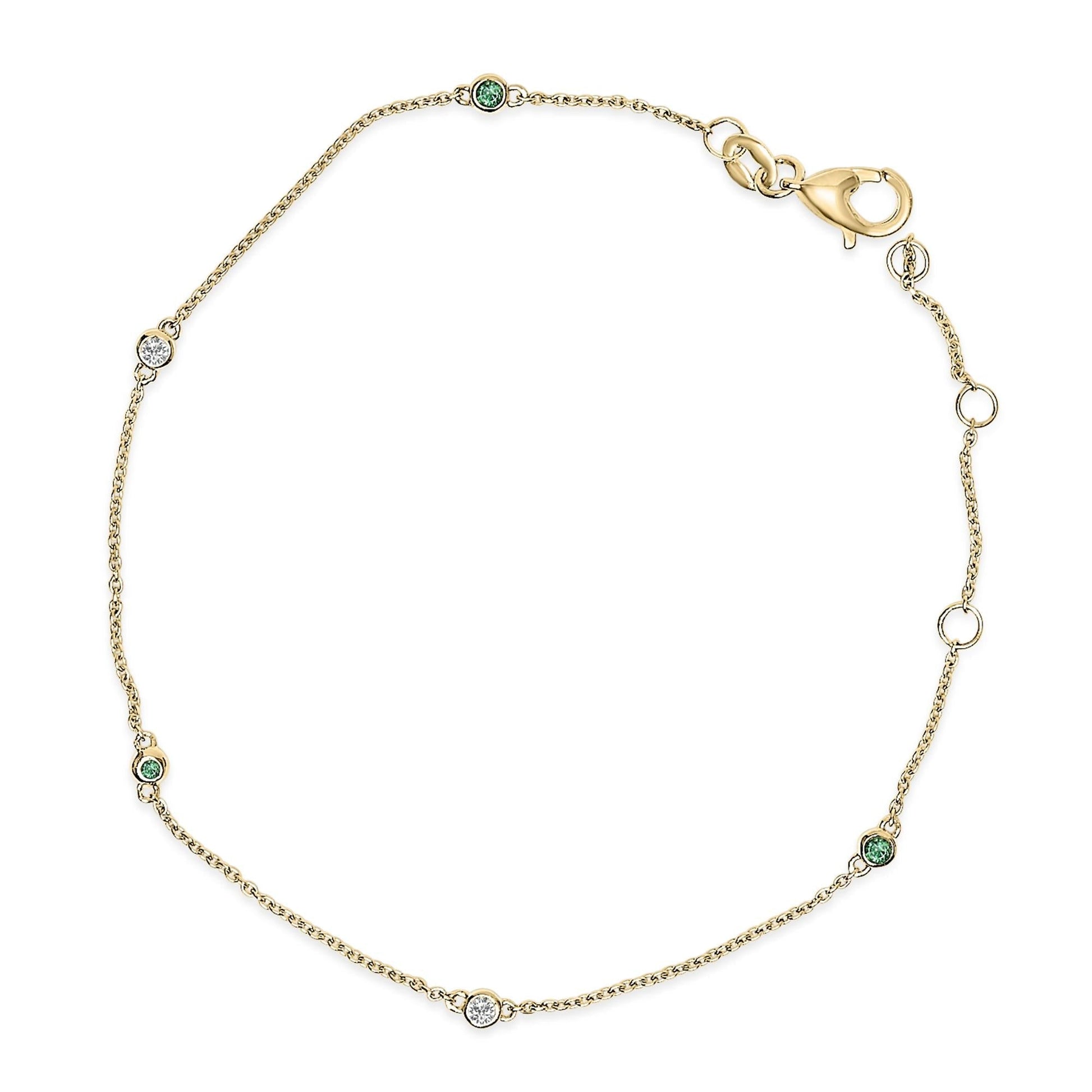 14K Yellow Gold Alternating Green Emerald and Diamond Bezel Station Chain Bracelet - Nobiliving