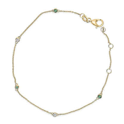 14K Yellow Gold Alternating Green Emerald and Diamond Bezel Station Chain Bracelet - Nobiliving