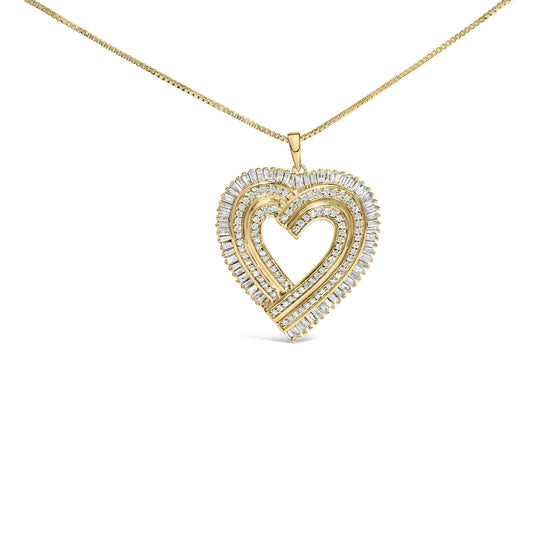 14K Yellow Gold Plated .925 Sterling Silver 1/4 Cttw Round and Baguette-Cut Diamond Composite Heart Necklace - Nobiliving