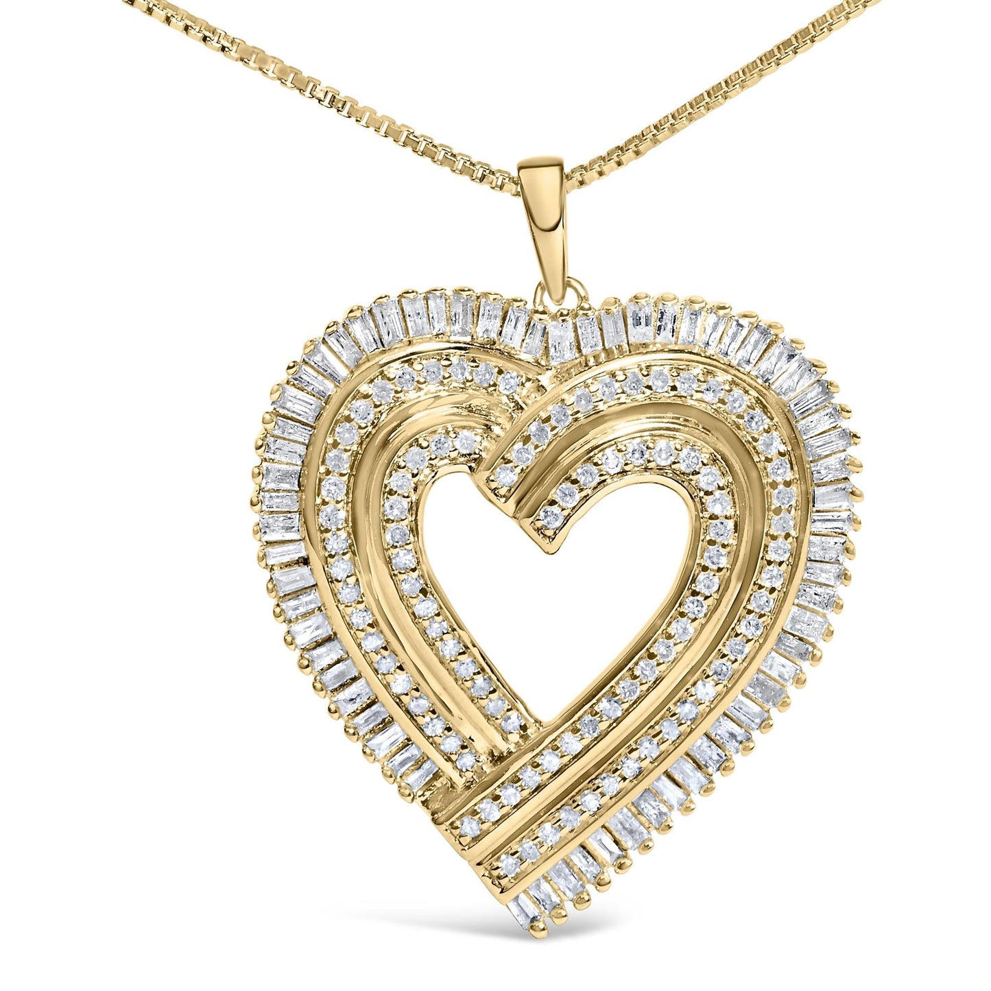 14K Yellow Gold Plated .925 Sterling Silver 1/4 Cttw Round and Baguette-Cut Diamond Composite Heart Necklace - Nobiliving