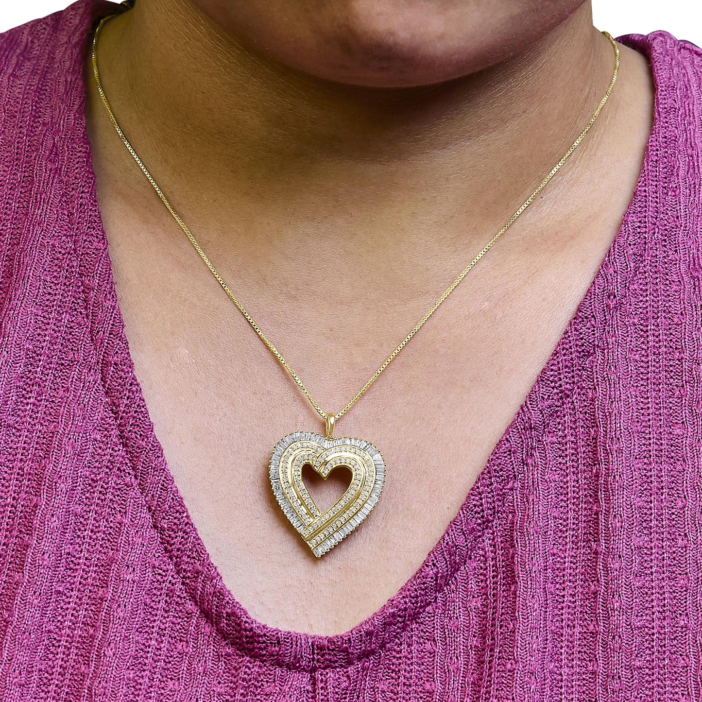 14K Yellow Gold Plated .925 Sterling Silver 1/4 Cttw Round and Baguette-Cut Diamond Composite Heart Necklace - Nobiliving