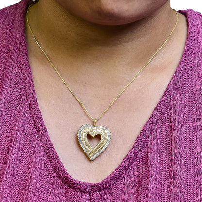 14K Yellow Gold Plated .925 Sterling Silver 1/4 Cttw Round and Baguette-Cut Diamond Composite Heart Necklace - Nobiliving