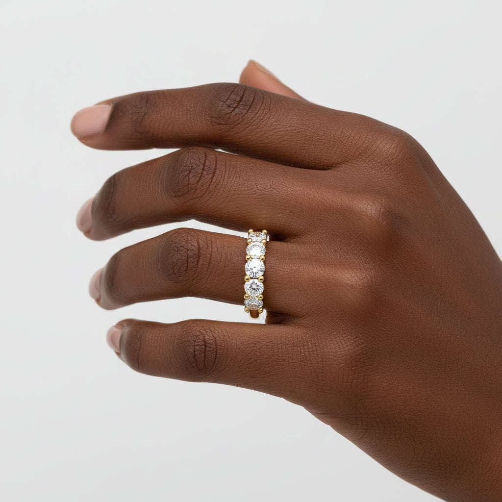 14K Yellow Gold Plated .925 Sterling Silver 2.0 Cttw Shared Prong Set Diamond 5 Stone Wedding Band Ring - Nobiliving