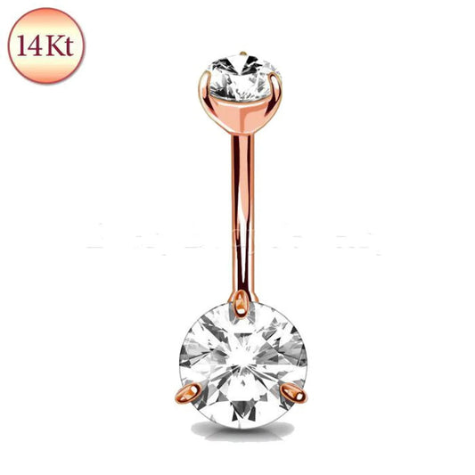 14Kt Rose Gold Navel Ring with Prong Set Clear Round CZ - Nobiliving