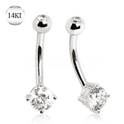 14Kt White Gold Navel Ring with Prong Set CZ - Nobiliving