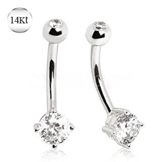 14Kt White Gold Navel Ring with Prong Set CZ - Nobiliving
