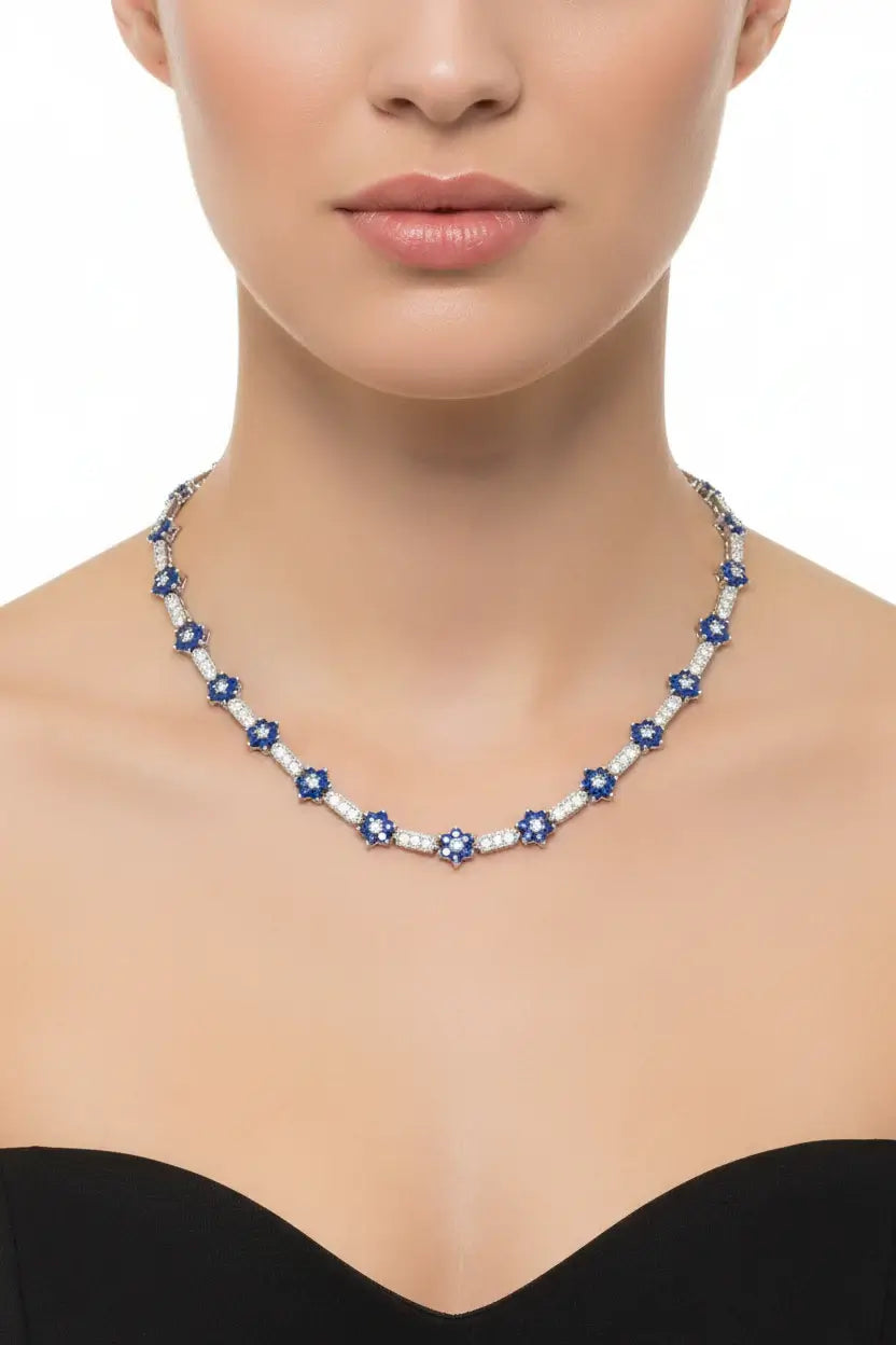 Flower-Shaped Sapphire Cubic Zirconia Necklace