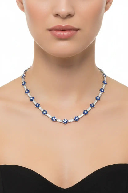 Flower-Shaped Sapphire Cubic Zirconia Necklace