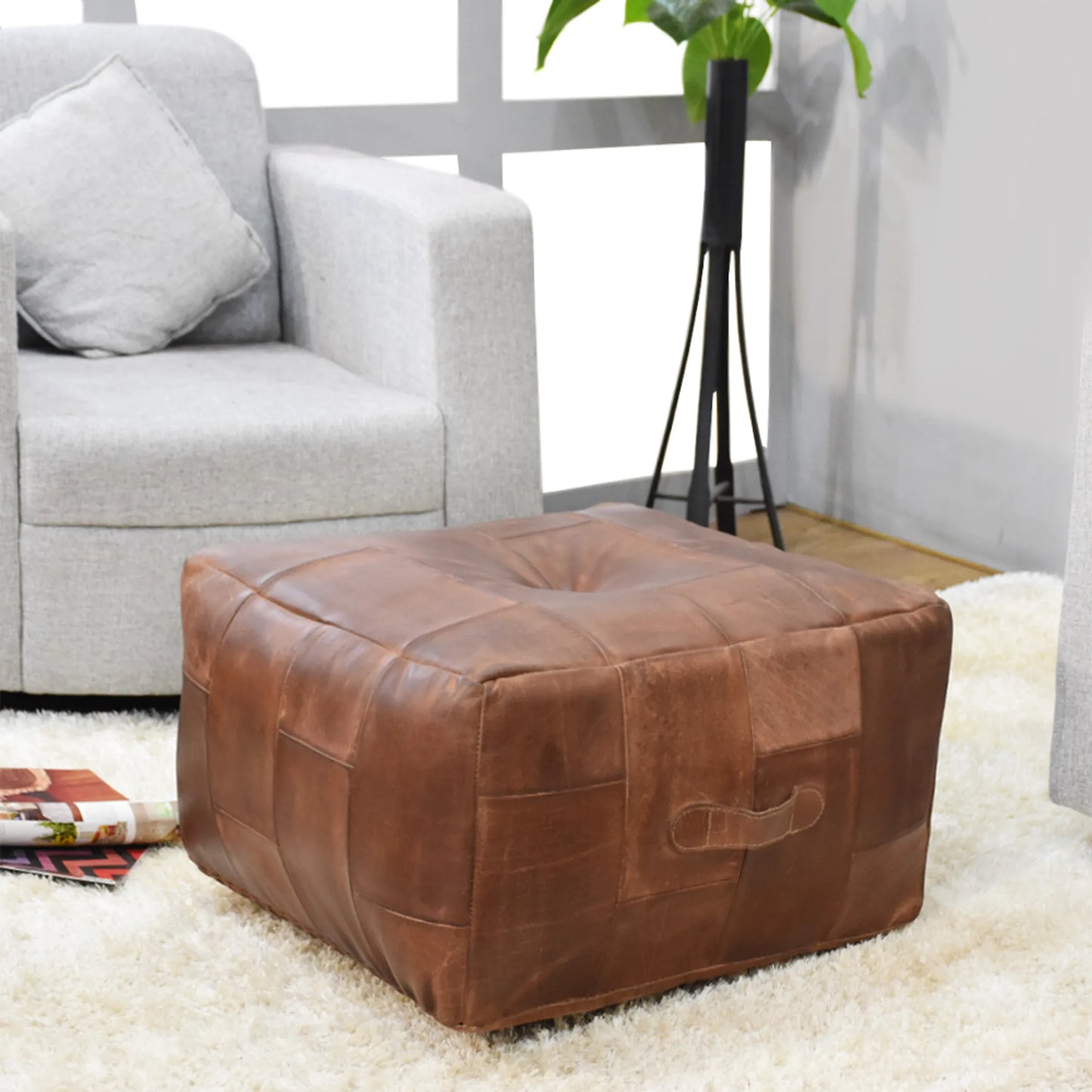 Solid Handmade Buffalo Leather Square Pouf - quality and design