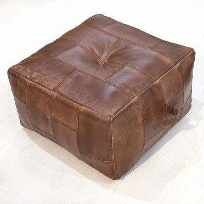 Solid Handmade Buffalo Leather Square Pouf - measuring 14" x 14" x 14"