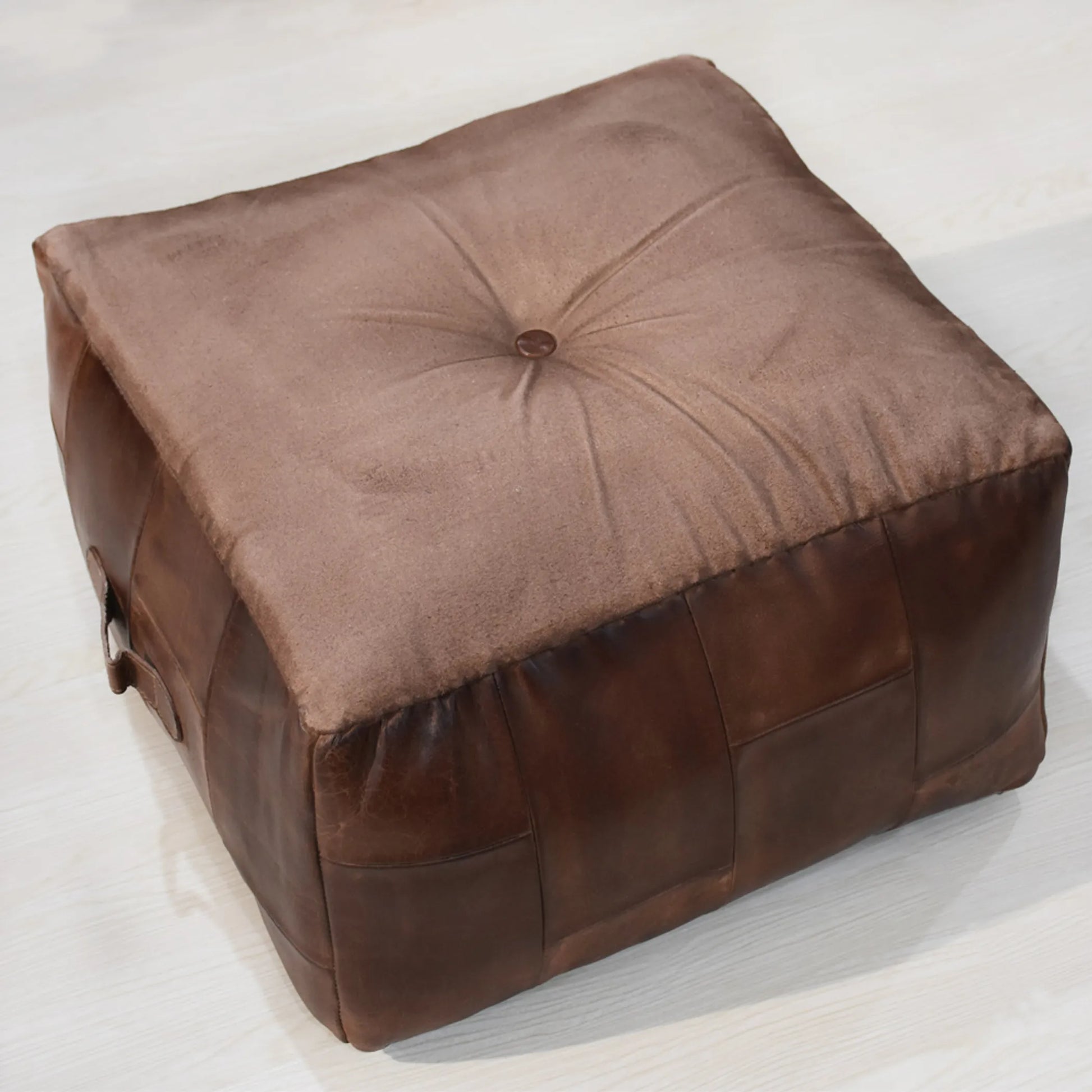 Solid Handmade Buffalo Leather Square Pouf - supportive seating