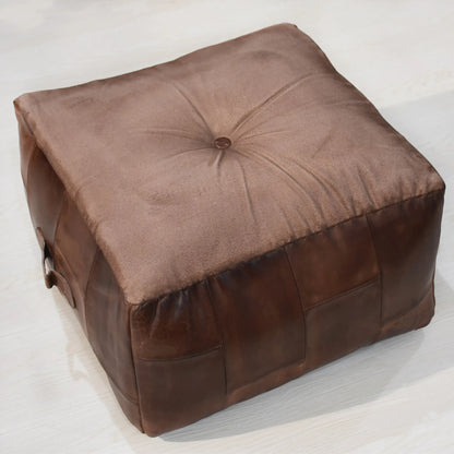 Solid Handmade Buffalo Leather Square Pouf - supportive seating