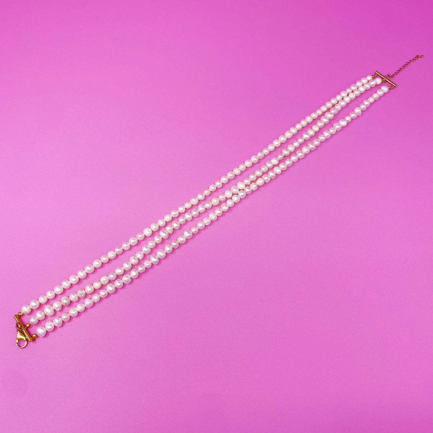 Three Strands Freshwater Pearl Necklace shown straight