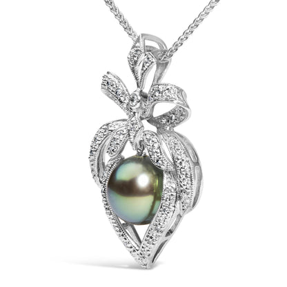 18K 3/4 Cttw Diamond and 12.5 MM Cultured Black Tahitian Pearl Heart Pendant Necklace - Nobiliving