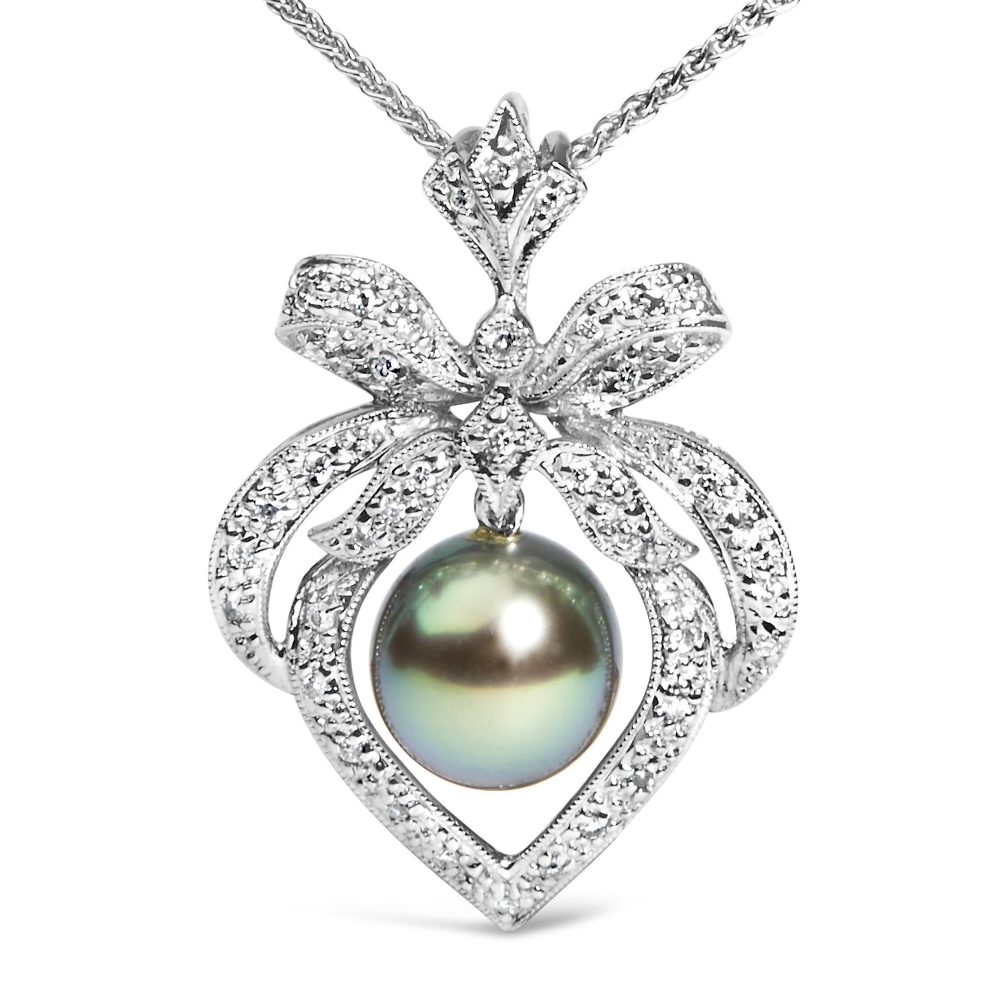 18K 3/4 Cttw Diamond and 12.5 MM Cultured Black Tahitian Pearl Heart Pendant Necklace - Nobiliving
