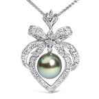18K .75 cttw Diamond and 12.5 MM Cultured Black Tahitian Pearl Heart Pendant Necklace