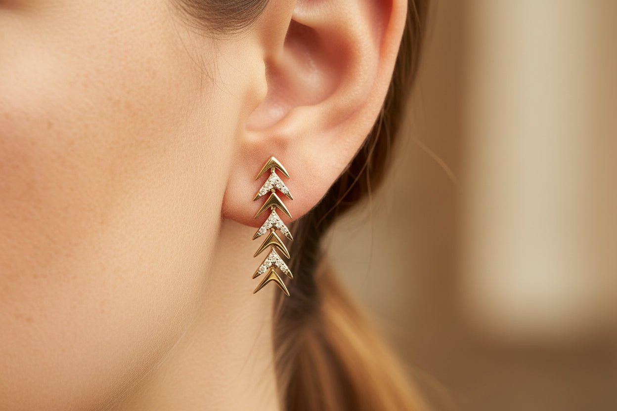 18K Yellow Gold Plated .925 Sterling Silver 1/5 Cttw Diamond Chevron Arrow Stud Earrings - Nobiliving