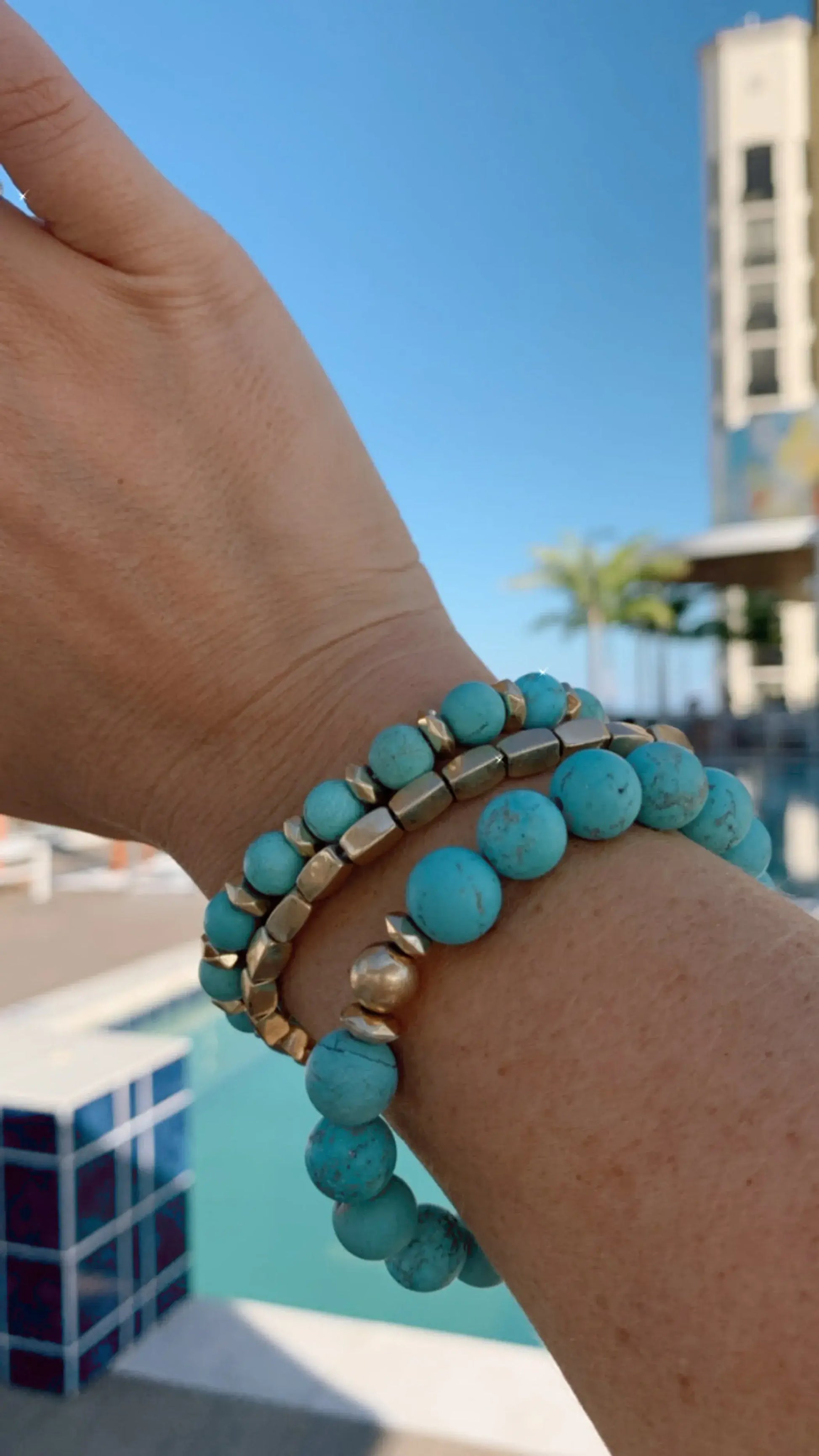 Turquoise and Soapstone Beaded Stretch Bracelet is finished with premium plating that resists tarnishing over time