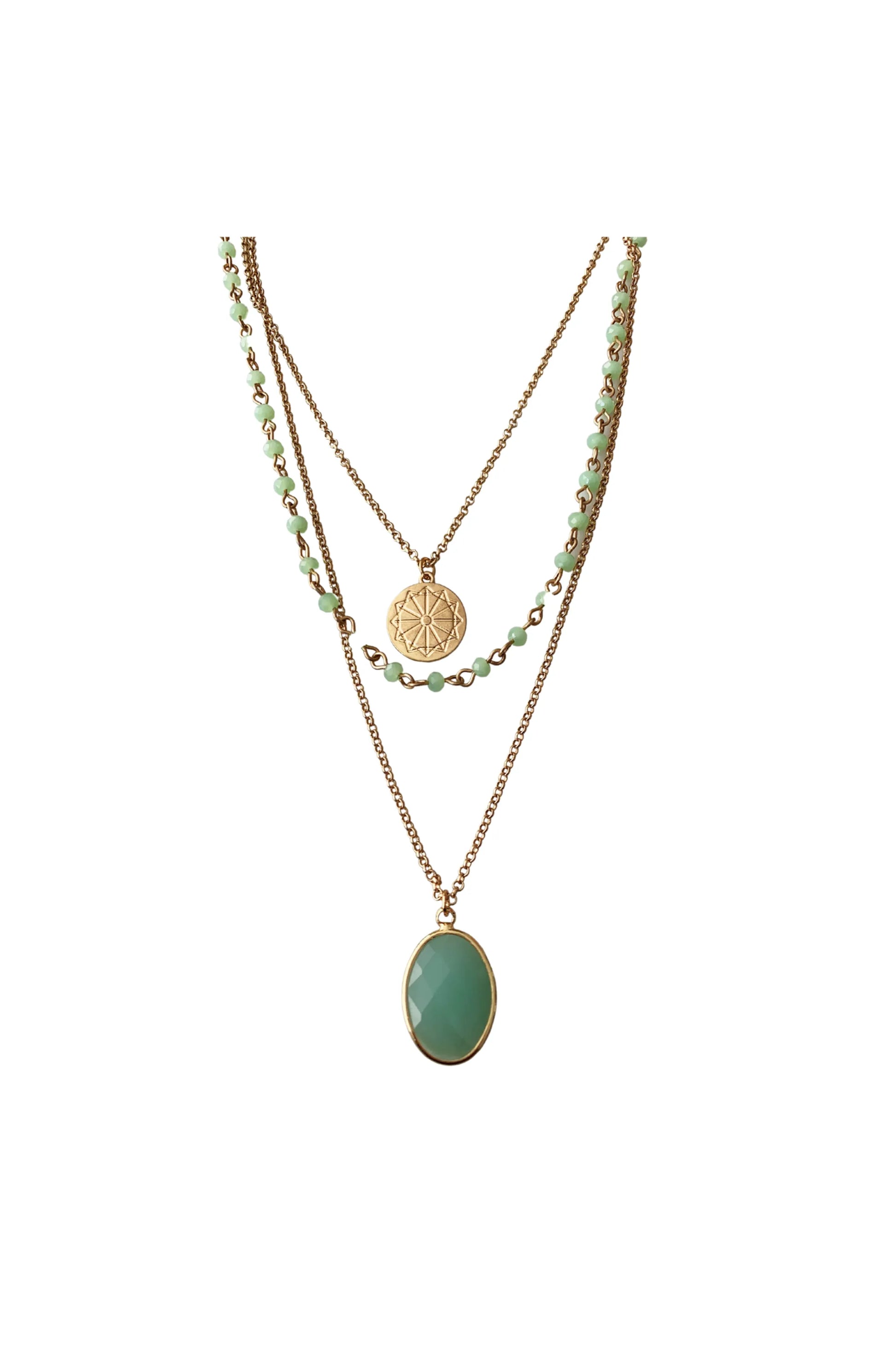 Green Chalcedony Facet Stone Multi-Layered Pendant Necklace - hypoallergenic