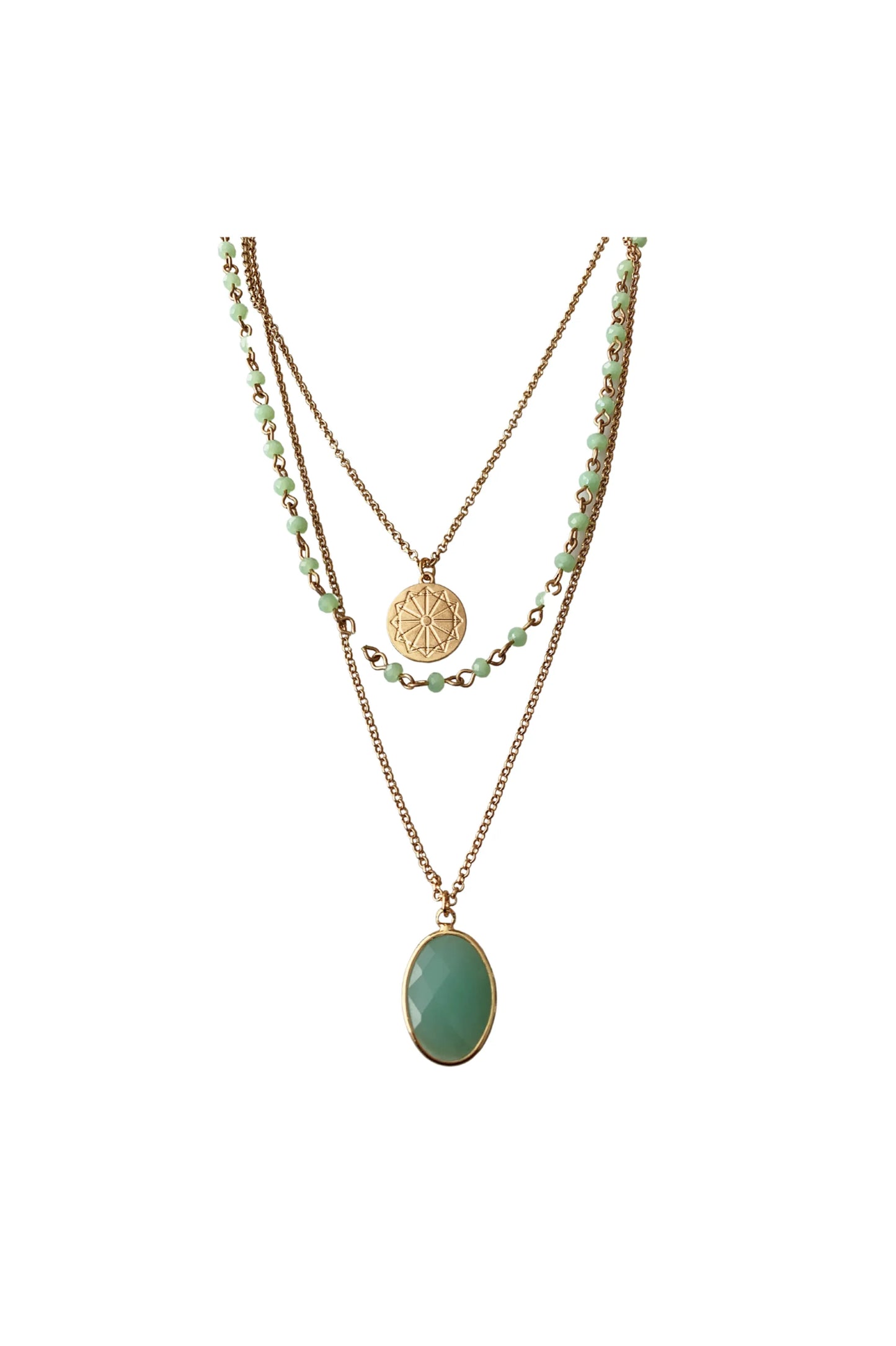 Green Chalcedony Facet Stone Multi-Layered Pendant Necklace