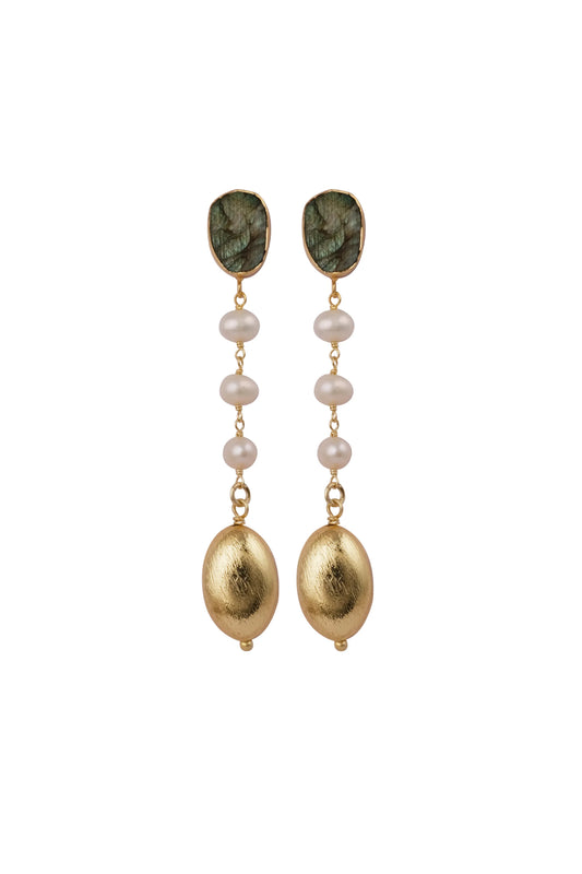 Labradorite Drop Earrings with Pearl and Gold Drops