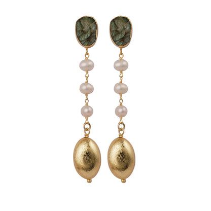 Labradorite Drop Earrings with Pearl and Gold Drops - Hypoallergenic