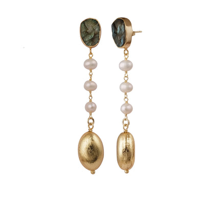 Labradorite Drop Earrings with Pearl and Gold Drops - Handmade