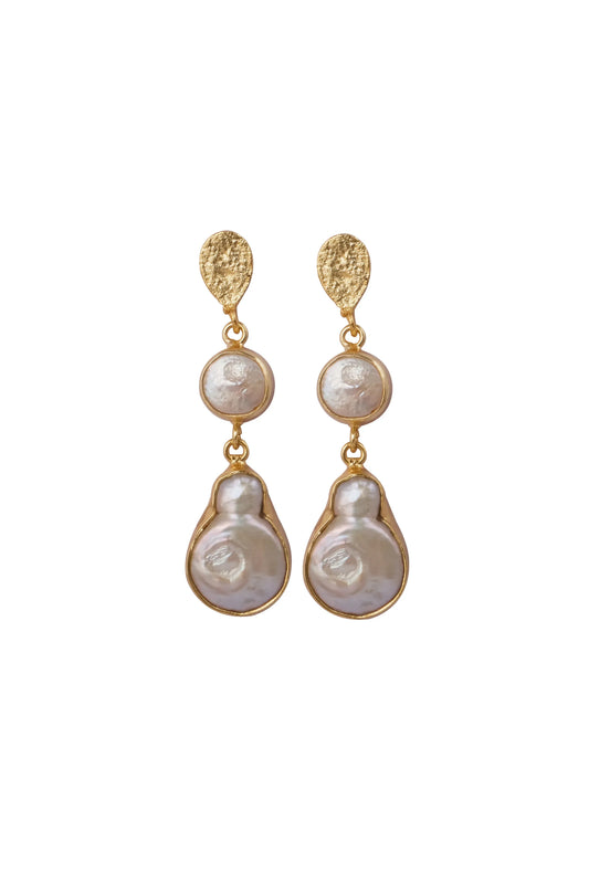 Gold Pearl Accent Drop Earrings - 2 inches long and 1/2 inch wide