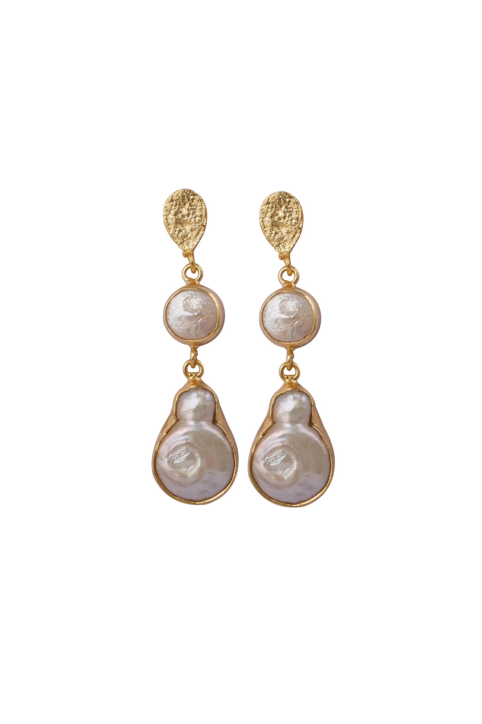 Gold Pearl Accent Drop Earrings are crafted from a blend of silver, copper, and other durable metals
