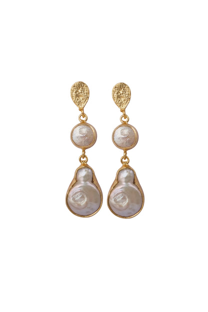 Gold Pearl Accent Drop Earrings are crafted from a blend of silver, copper, and other durable metals