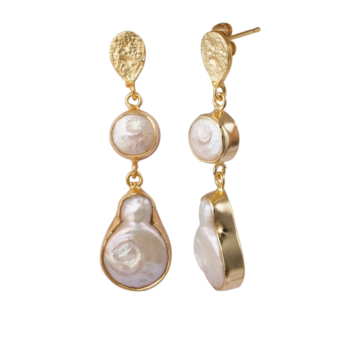 Gold Pearl Accent Drop Earrings showing stud