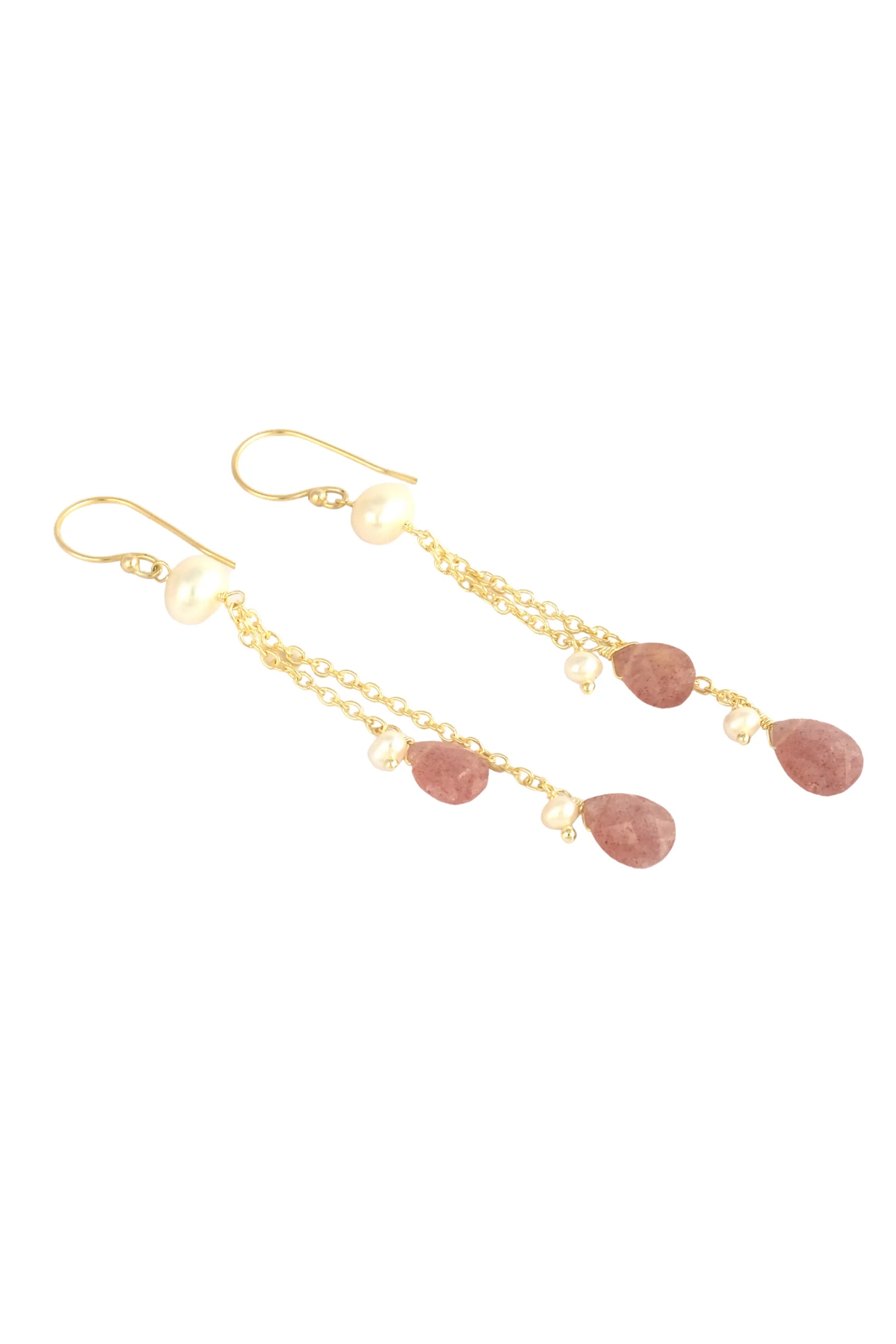 Gold Dangle Earrings s with Gold Chain Strands with Cherry Quartz and Pearl Drops.