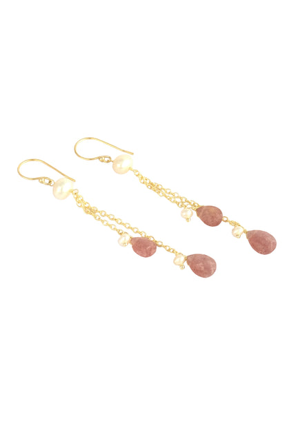 Gold Dangle Earrings s with Gold Chain Strands with Cherry Quartz and Pearl Drops.