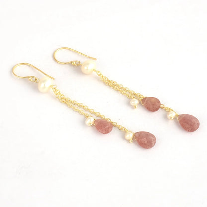 Gold Dangle Earrings featuring gold chain strands with cherry quartz and pearl drops, 3 inches long.