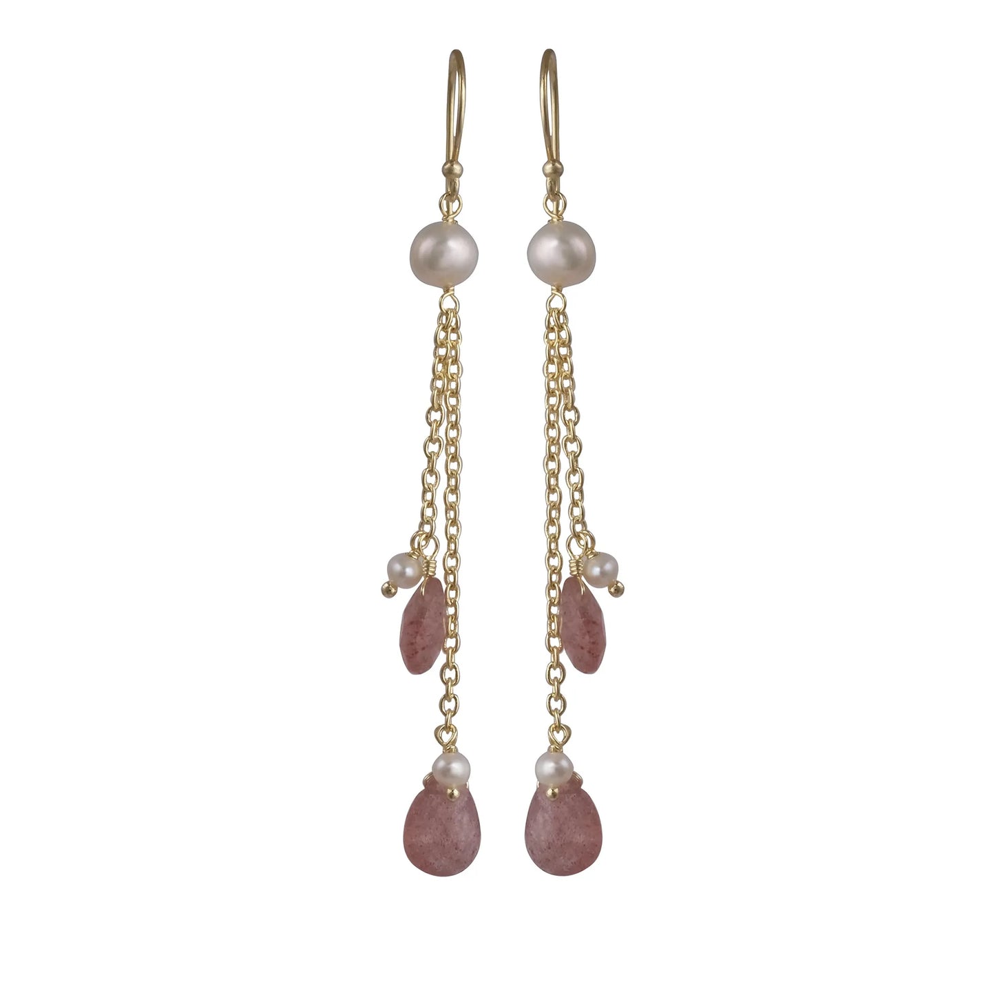 Gold Dangle Earrings with pearl accent beads and two gold chain strands with pearl and cherry quartz drops.