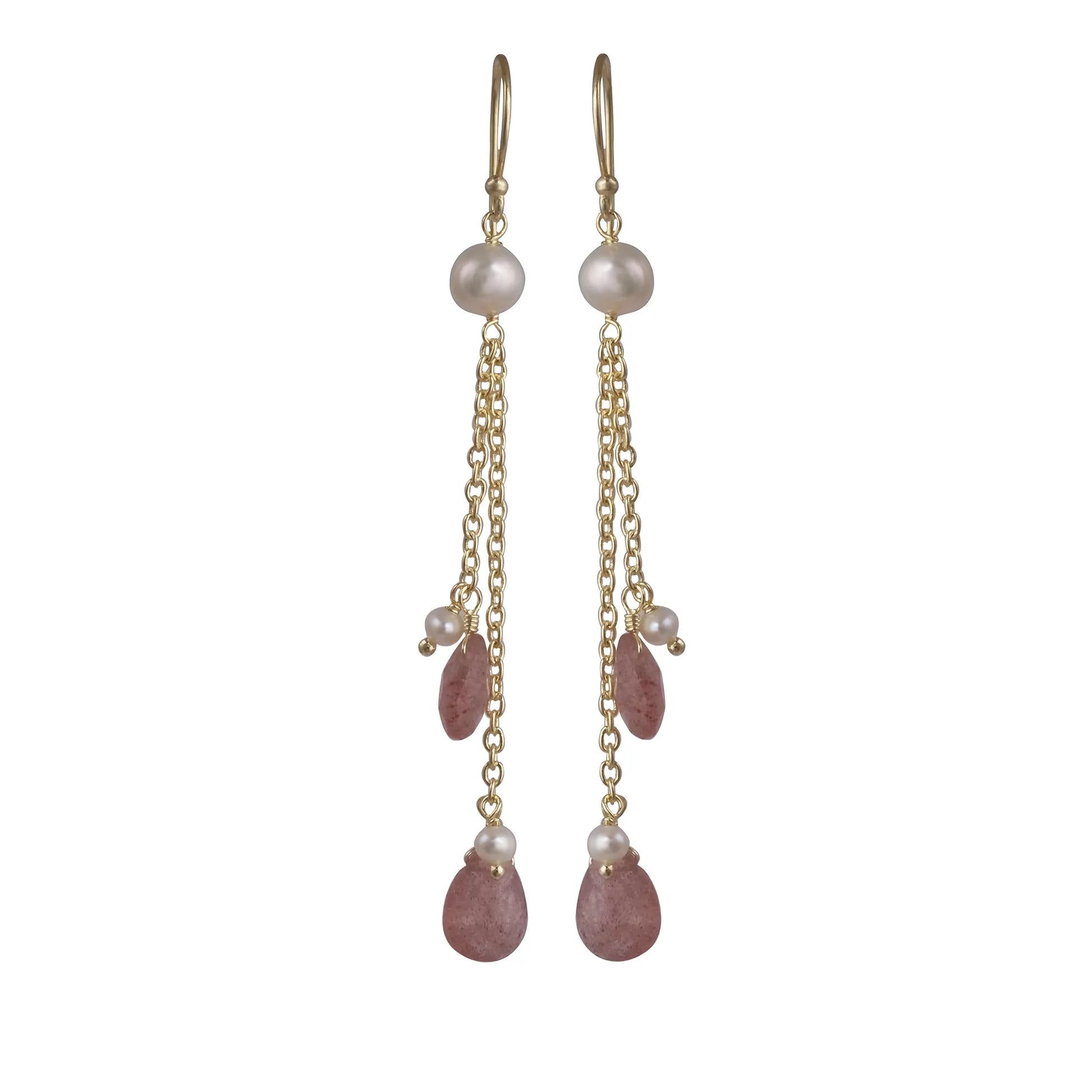 Gold Dangle Earrings with pearl accent beads and two gold chain strands with pearl and cherry quartz drops.