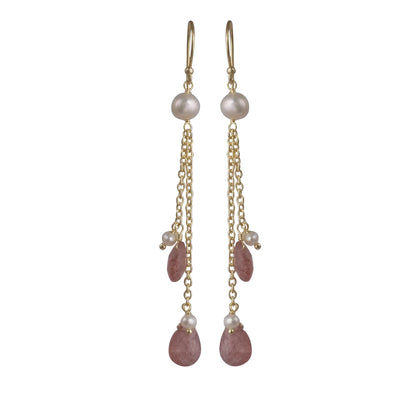 Gold Dangle Earrings with pearl accent beads and two gold chain strands with pearl and cherry quartz drops.