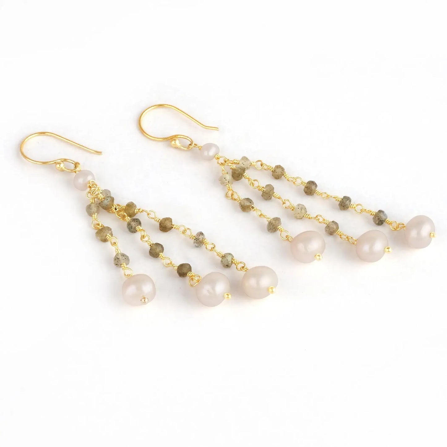 Gold Dangle Earrings with pearl accent beads and two gold chain strands with pearl and cherry quartz drops.