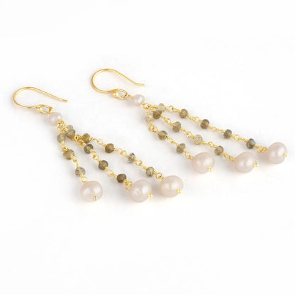 Gold Dangle Earrings with pearl accent beads and two gold chain strands with pearl and cherry quartz drops.