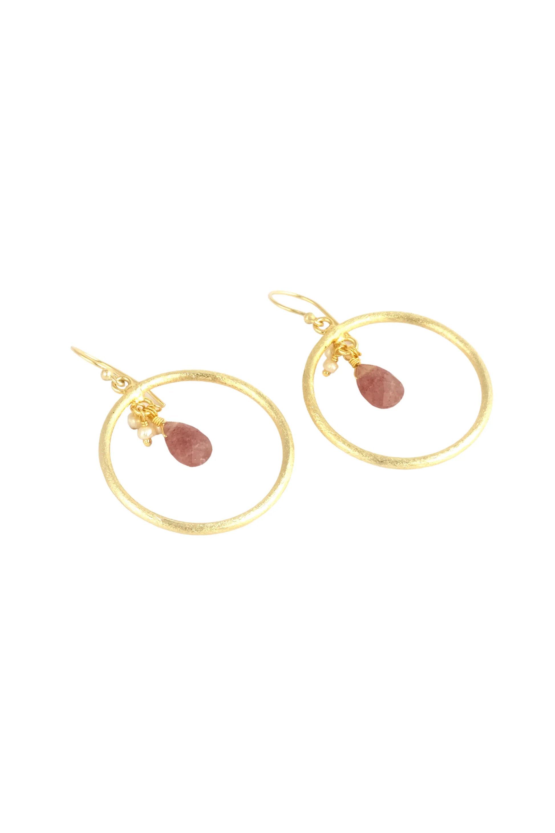 Gold Dangle Earrings with Gold hoop, pearl bead and cherry quartz drop