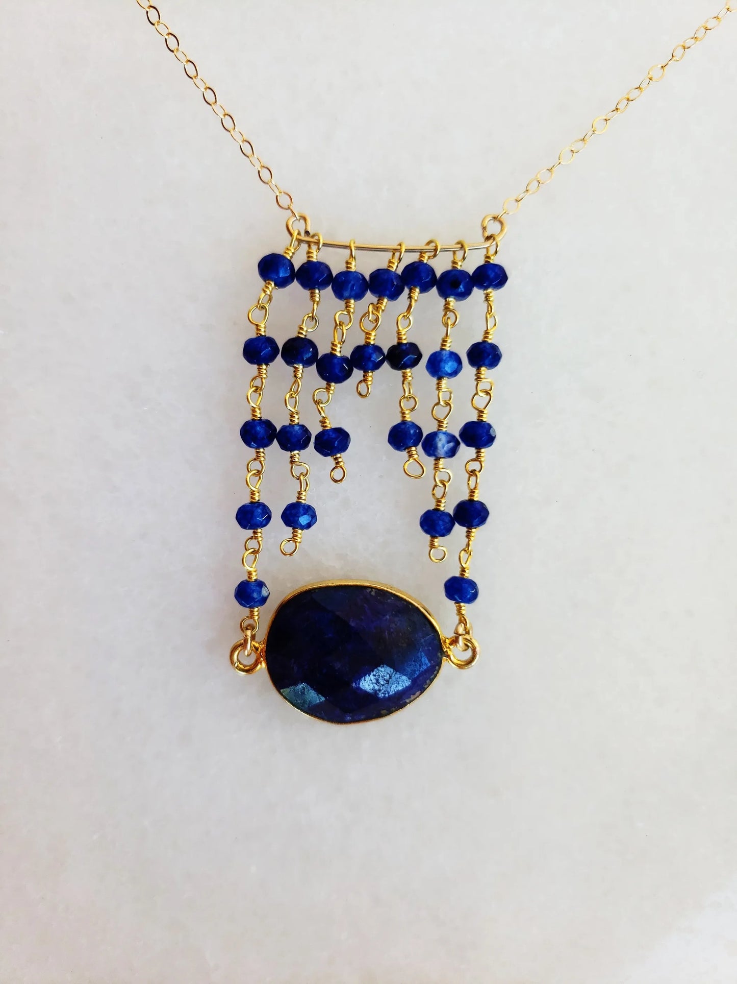 Jessica Gold Necklace in Chalcedony measures 16 inches in length with a 1‑inch drop