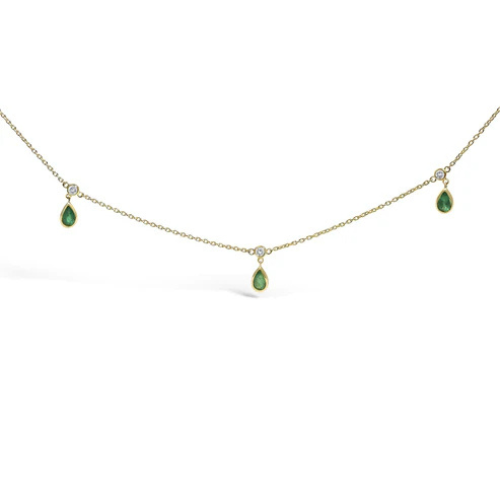 10K Yellow Gold Dangling 5x3 mm Green Emerald and Diamond Station Necklace