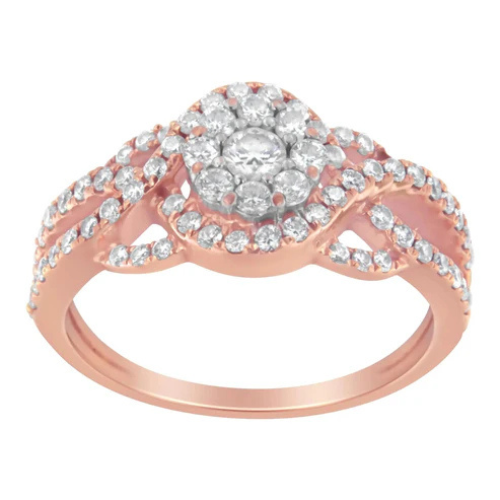 10K Rose Gold 3/4 Cttw Diamond Floral Cluster Head and Twisted Shank Cocktail Ring
