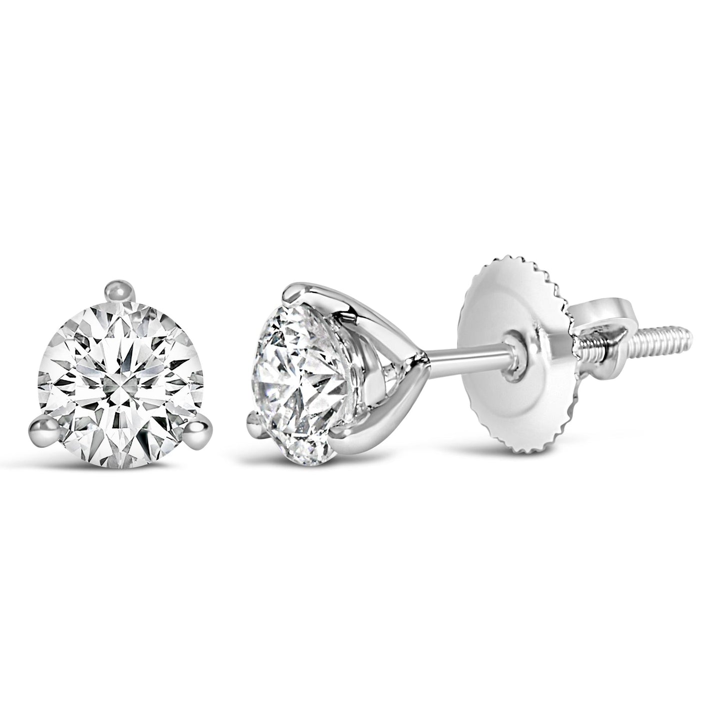 14K White Gold 3-Prong Brilliant Round-Cut Solitaire Lab Grown Diamond Stud Earrings