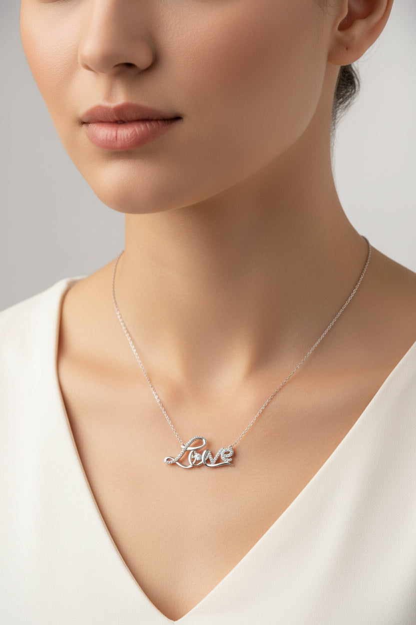 .925 Sterling Silver 1/4 Cttw Diamond Cursive "Love" 18" Pendant Necklace